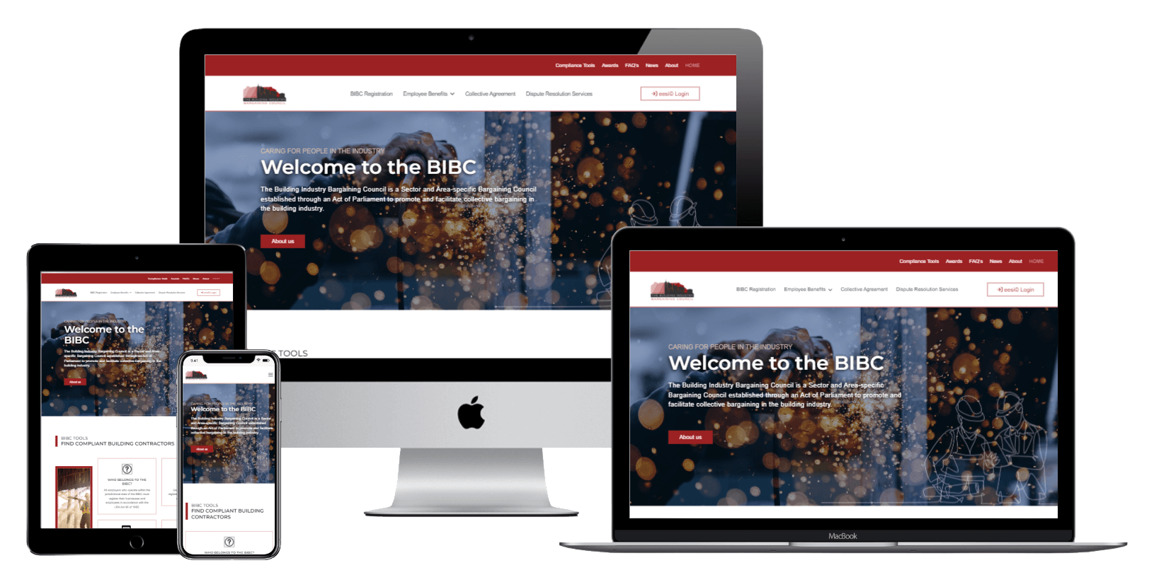 The BIBC site shown on a desktop, a laptop, a tablet and a phone