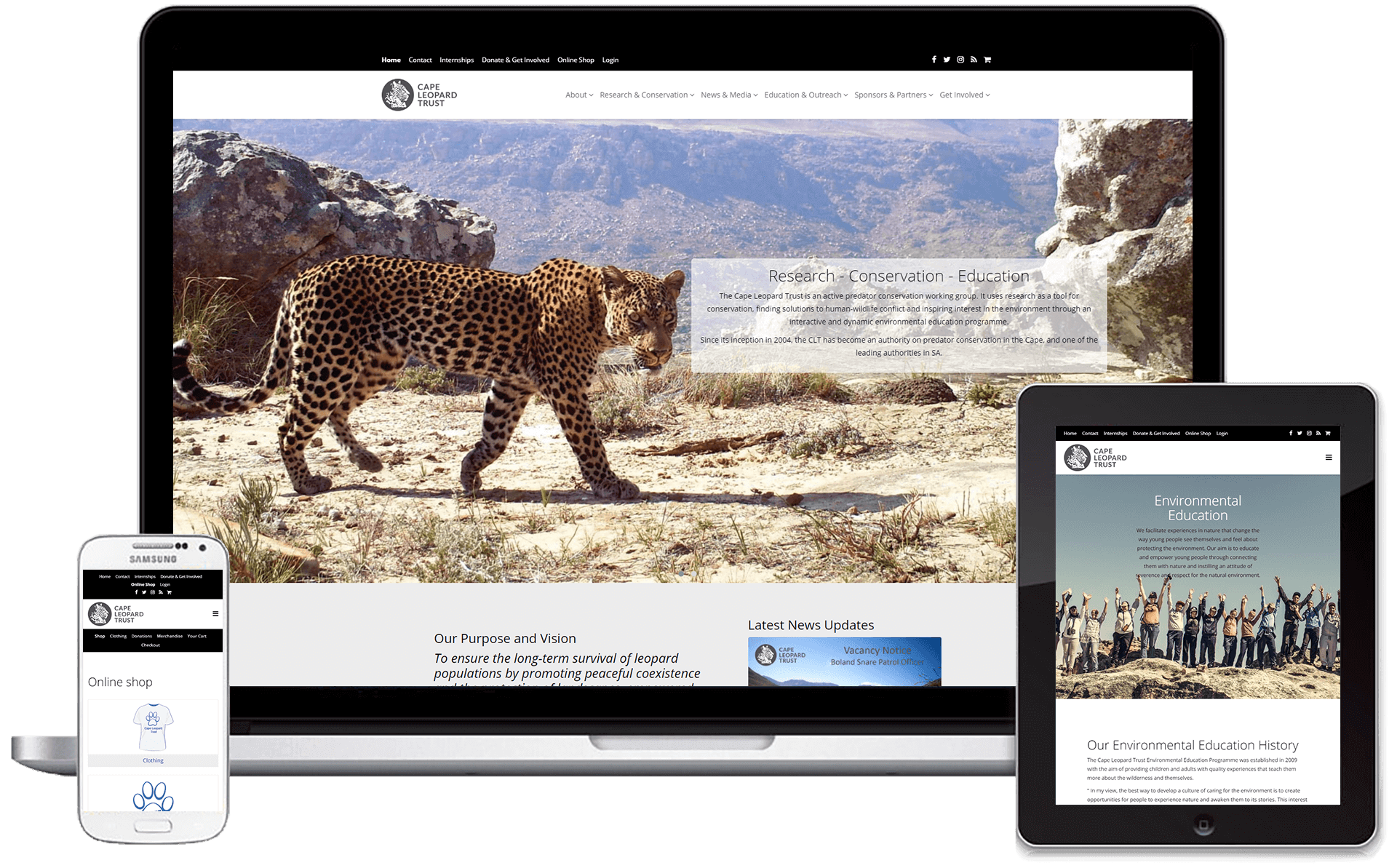 The Cape Leopard Trust site shown on a laptop, a tablet and a phone